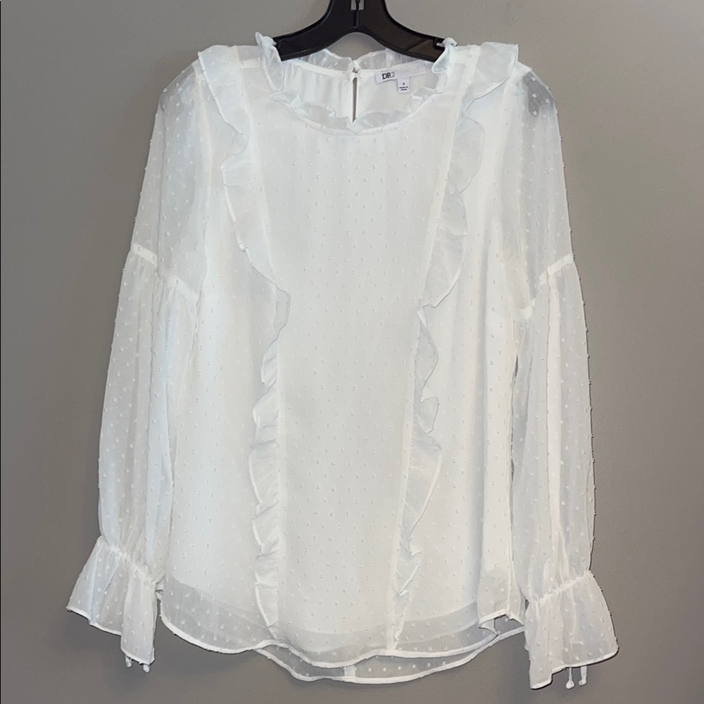 DR2 White Ruffle Blouse in Swiss Dot - sz S